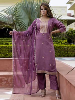 Lavender color silk blend embroidered readymade salwar kameez 1