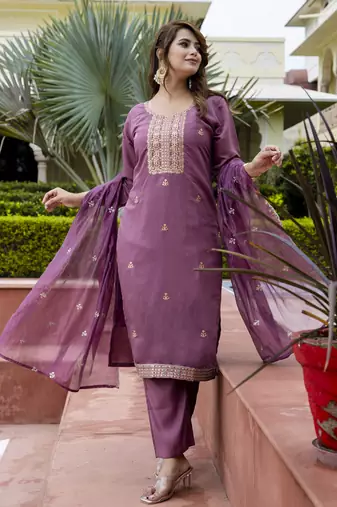 Lavender color silk blend embroidered readymade salwar kameez