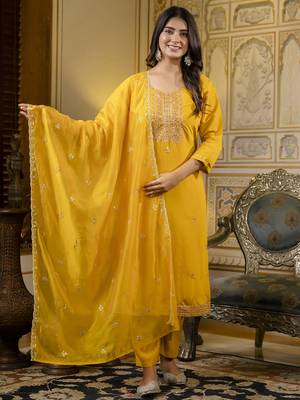 Mustard color silk blend embroidered readymade salwar kameez 1