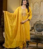 Mustard color silk blend ethnic designer embroidered readymade salwar kameez