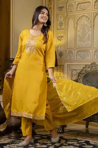 Mustard color silk blend embroidered readymade salwar kameez
