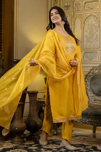 Mustard color silk blend embroidered readymade salwar kameez