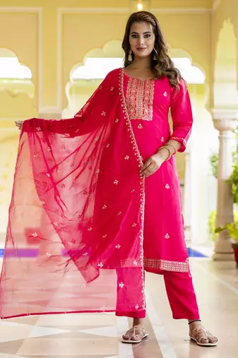 Pink color silk blend embroidered readymade salwar kameez
