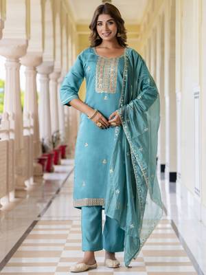 Teal blue color silk blend embroidered readymade salwar kameez 1