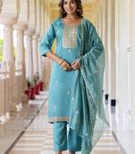 Teal blue color silk blend ethnic designer embroidered readymade salwar kameez