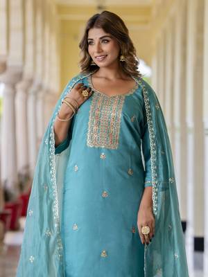 Teal blue color silk blend embroidered readymade salwar kameez 3