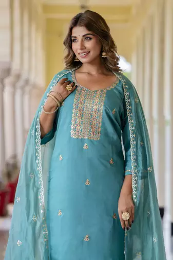 Teal blue color silk blend embroidered readymade salwar kameez