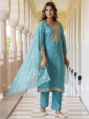 Teal blue color silk blend embroidered readymade salwar kameez 5