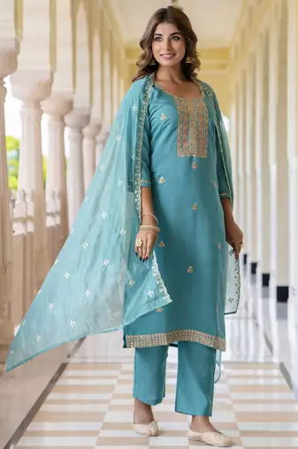 Teal blue color silk blend embroidered readymade salwar kameez