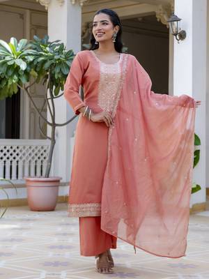 Peach color silk blend embroidered readymade salwar kameez 1