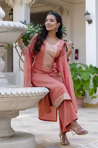 Peach color silk blend embroidered readymade salwar kameez