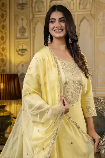 Yellow color silk blend embroidered readymade salwar kameez