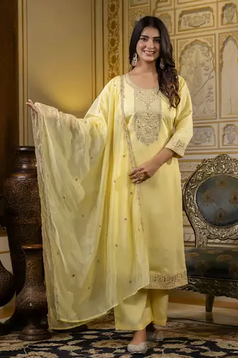 Yellow color silk blend embroidered readymade salwar kameez