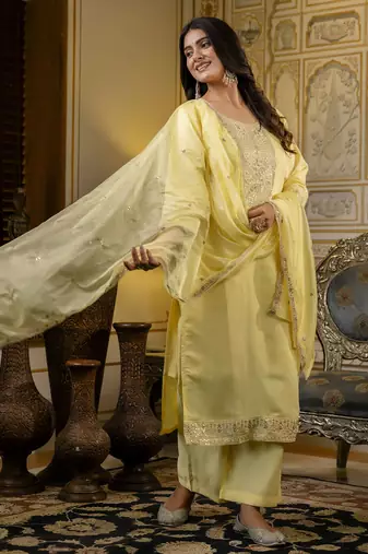 Yellow color silk blend embroidered readymade salwar kameez
