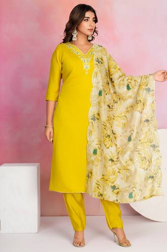 Yellow color chanderi fabric beautiful embroidered readymade kurta set