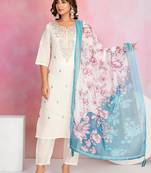 Off white color chanderi fabric beautiful embroidered readymade kurta set