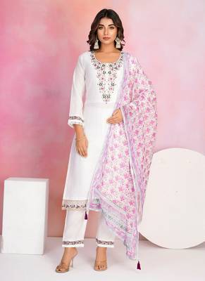 White color chanderi fabric beautiful embroidered readymade kurta set 1