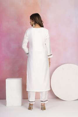 White color chanderi fabric beautiful embroidered readymade kurta set 2