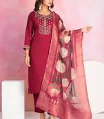 Maroon color chanderi fabric beautiful embroidered readymade kurta set