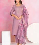 Purple color chanderi fabric beautiful embroidered readymade kurta set