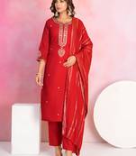 Red color chanderi fabric beautiful embroidered readymade kurta set