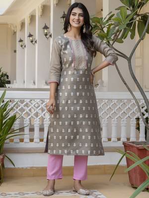 Grey color shimmer silk designer embroidery work casual kurta 1