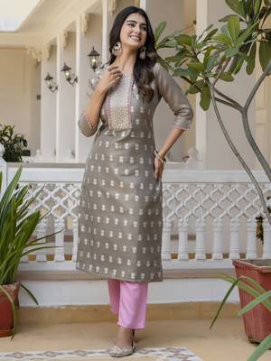 Grey color shimmer silk designer embroidery work casual kurta 4