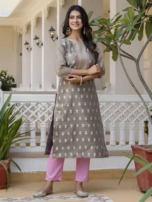 Grey color shimmer silk designer embroidery work casual kurta 5