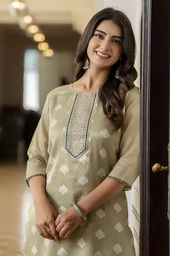 Pista color shimmer silk embroidery kurta
