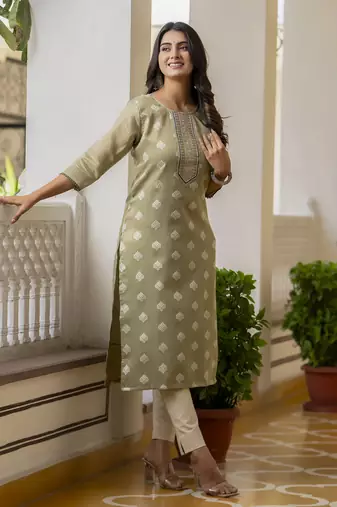 Pista color shimmer silk embroidery kurta