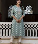 Sea green color shimmer silk designer embroidery work casual kurta