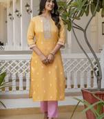 Yellow color shimmer silk embroidery work casual kurta