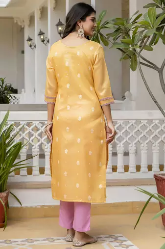 Yellow color shimmer silk embroidery kurta