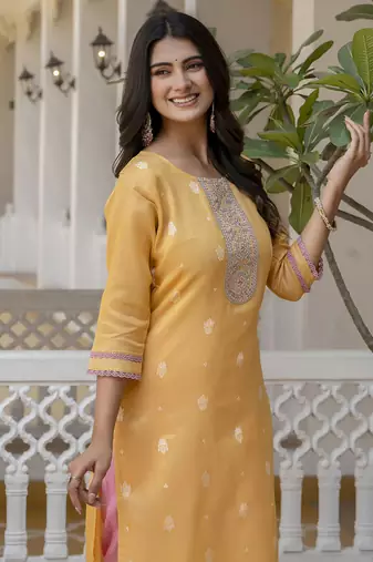 Yellow color shimmer silk embroidery kurta