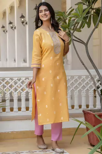 Yellow color shimmer silk embroidery kurta