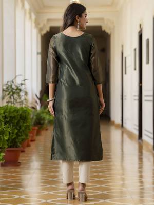 Bottel green color shimmer silk embroidery formal kurta 2