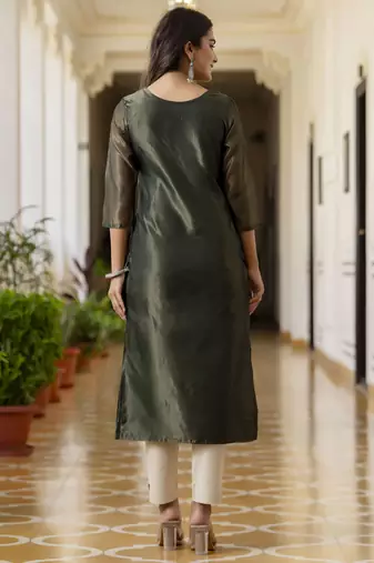 Bottel green color shimmer silk embroidery formal kurta