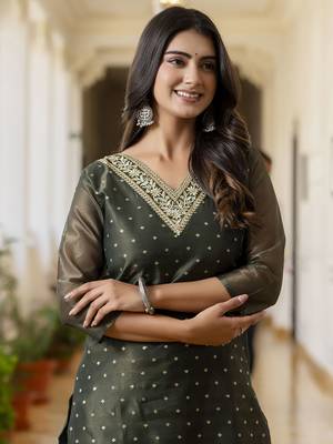 Bottel green color shimmer silk embroidery formal kurta 3