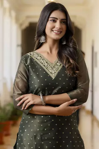 Bottel green color shimmer silk embroidery formal kurta