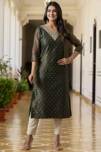 Bottel green color shimmer silk embroidery formal kurta