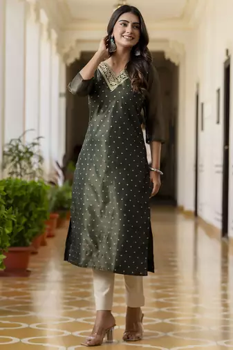 Bottel green color shimmer silk embroidery formal kurta