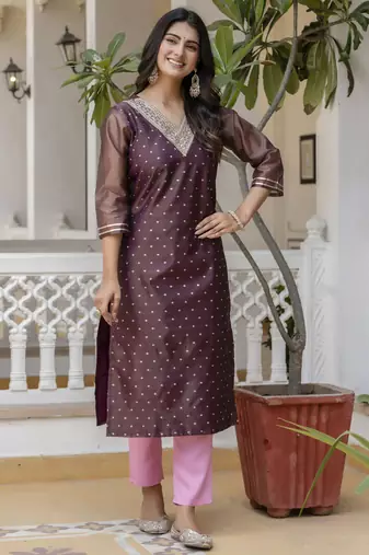 Purple color shimmer silk designer embroidery work formal kurta