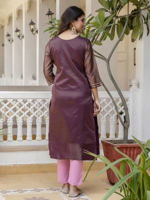 Purple color shimmer silk embroidery formal kurta 2