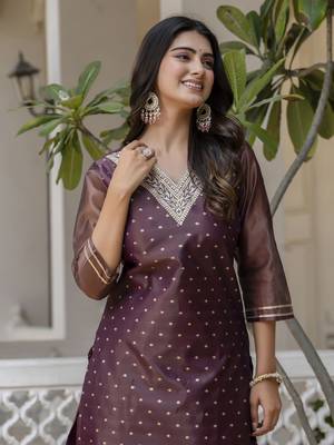 Purple color shimmer silk embroidery formal kurta 3