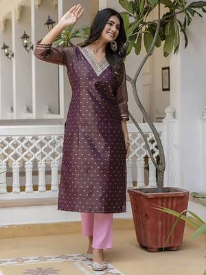 Purple color shimmer silk embroidery formal kurta 5
