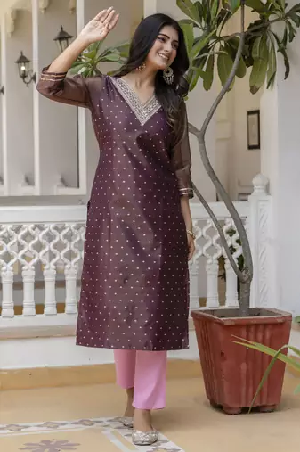 Purple color shimmer silk embroidery formal kurta