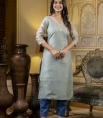 Sea green color shimmer silk designer embroidery work formal kurta