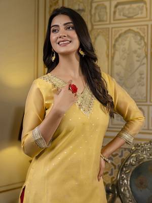 Yellow color shimmer silk embroidery formal kurta 3
