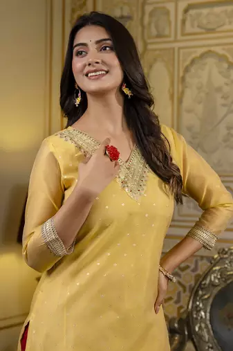 Yellow color shimmer silk embroidery formal kurta