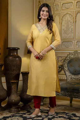 Yellow color shimmer silk embroidery formal kurta